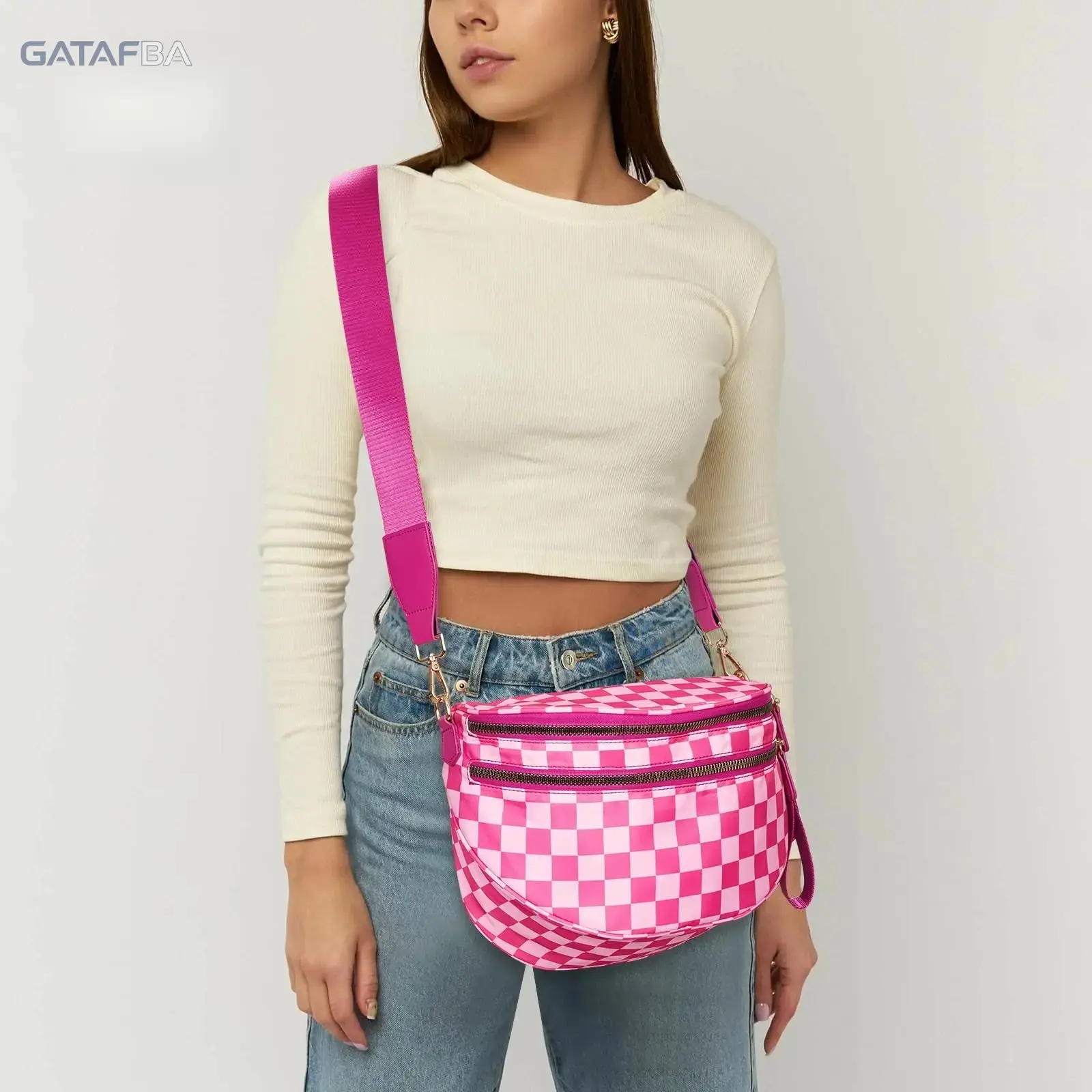 Black White Checkered Nylon Crossbody Bag - Large-Size Friendly Waist Belt Fanny Pack with Adjustable Strap, Roomy Capacity for Daily Essentials, Stylish Sling Purse for Casual Outdoor Travel,summerwins