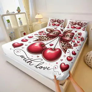 3PcsVibrant Cherry Blossom & Leopard Bow Fitted Sheet Set, Whimsical Love-Themed Bedding Set, Bold Red/Black/Pink Digital Print Bedspread, Cute Festive Decor for Bedroom,Includes 2 Pillowcases, No Pillow Core