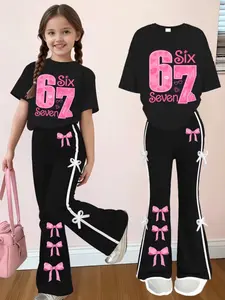 Girls Fashion T-Shirt Bell Bottoms Set, Butterfly Number Print, Bow Trim Flare Pants & Casual Loose Tee, Casual Outfit Set