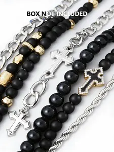 Men's Punk Style Cross Bracelet Set, Zinc Alloy Chain, Casual Beaded Jewelry for All Seasons, Perfect Gift for Birthdays & Christmas