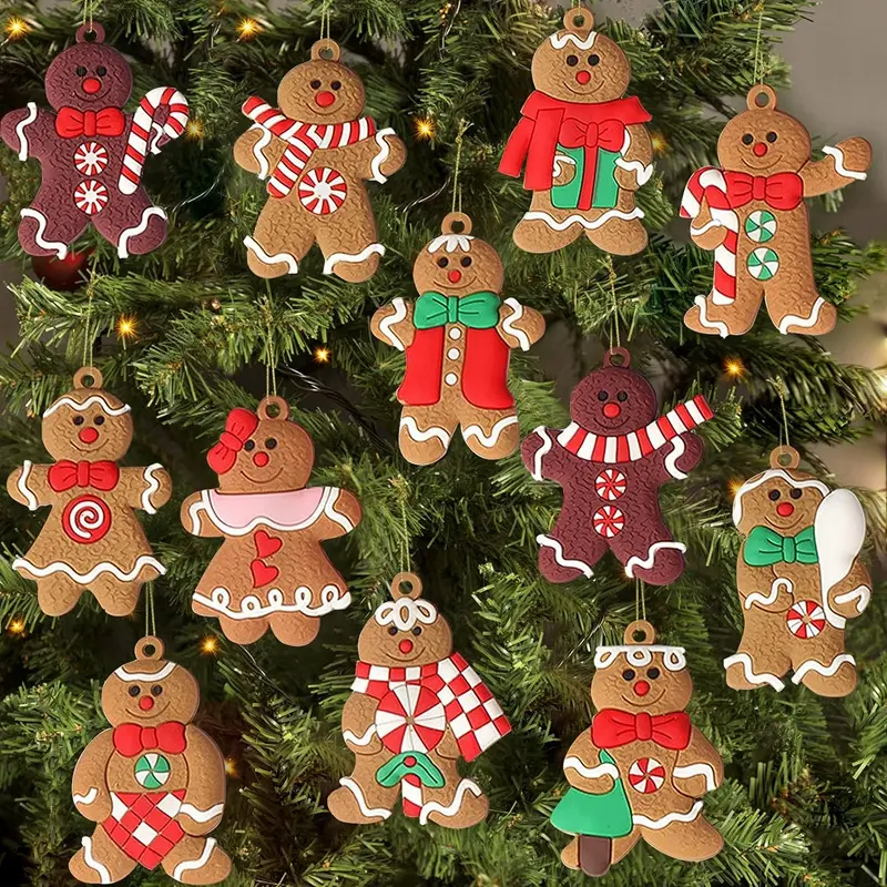 12pcs Bright Soft PVC Man-Shaped Gingerbread Ornaments, Christmas Tree Hanging Pendants, 2024-2025 Festive Home & Party Decorating Supplies, Navidad Noel Gift, Man Shape
