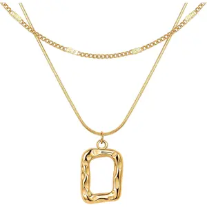 Gold Layered Necklace Set for Women, Alloy Layered Necklace with Rectangle Square Pendant, Stackable Gold Jewelry Gift