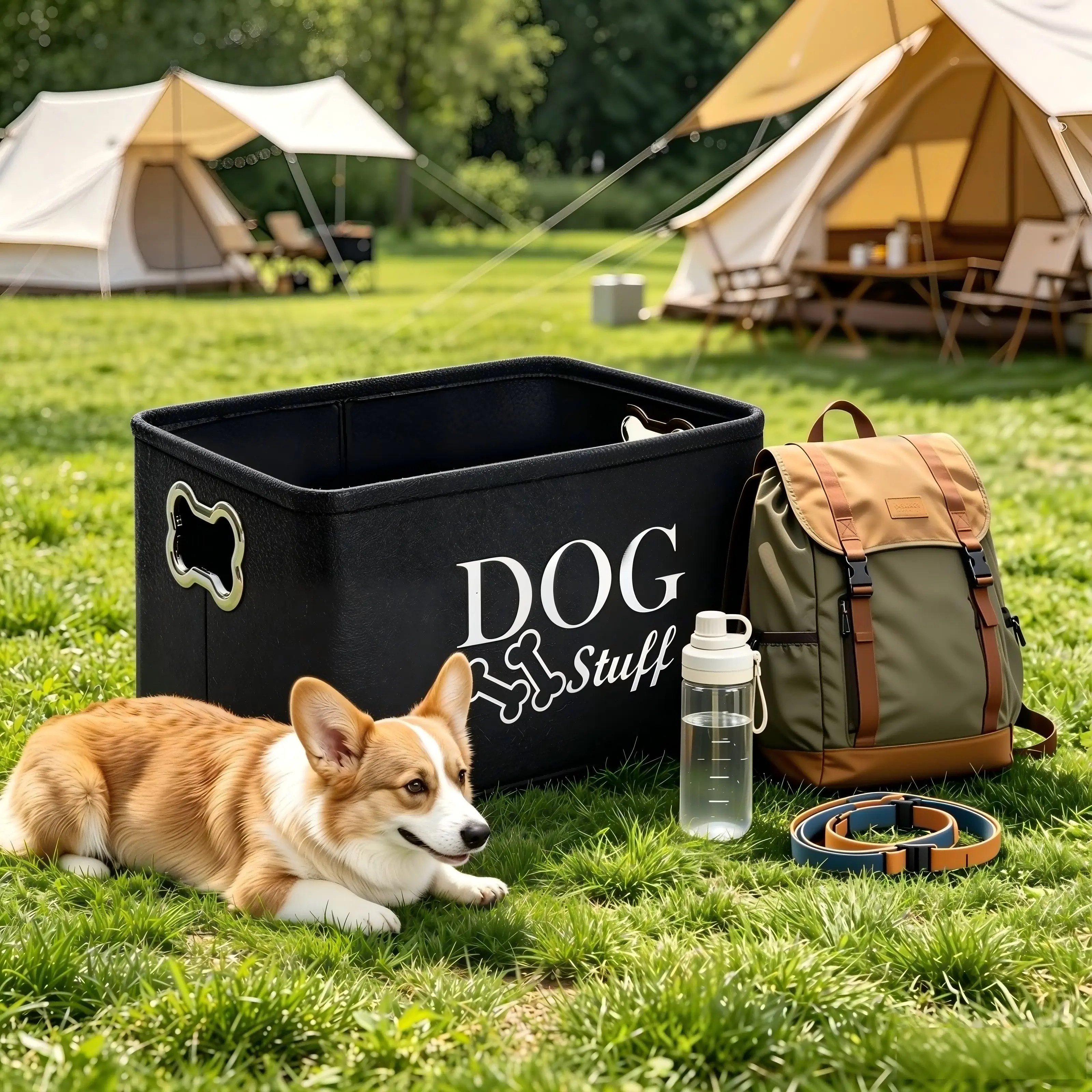 Thick Felt Large Dog Toy Storage Bin (15in x 10.6in x 8.7in) - Collapsible Lightweight Pet Supplies Organizer Basket with Metal Bone-Shaped Handles, Modern Neutral Tone Printed Logo Box for Toys/Leashes, Ideal for Dog Owners, Bedroom Use