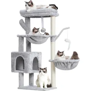 39.4 Inches Cat Tree Tower Condo with Scratching Post for Indoor Cats Fully Wrapped Sisal Pole Soft Platform 2 Baskets and Dangling Toy Light Gray HCT006SW