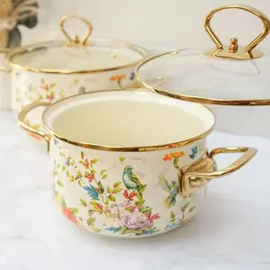 Flower Pattern Stockpot with Lid, Ceramic Soup Pot with Handle, Large Capacity Cooking Pot for Home Kitchen, Double Ear Design