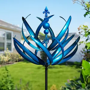 Large Outdoor Metal Wind Sculpture Wheel with Stakes, Garden Art Lawn Decoration, Blue Color, Yard Decorative Windmill, Garden Accessories