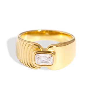 18K Gold-Plated Stainless Steel Rectangle Zirconia Ring Vintage Bold Signet for Men Women Minimalist Statement Jewelry Gift