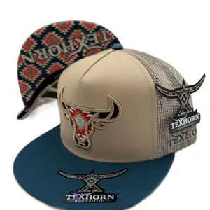 TEXHORN Cap Style Falfurias Handcrafted Beige & Blue Mesh Back with Cattle Logo Snapback Hat
