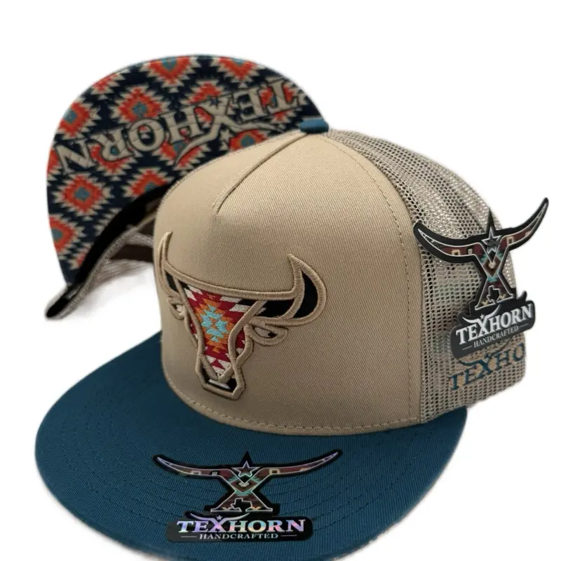 TEXHORN Cap Style Falfurias Handcrafted Beige & Blue Mesh Back with Cattle Logo Snapback Hat