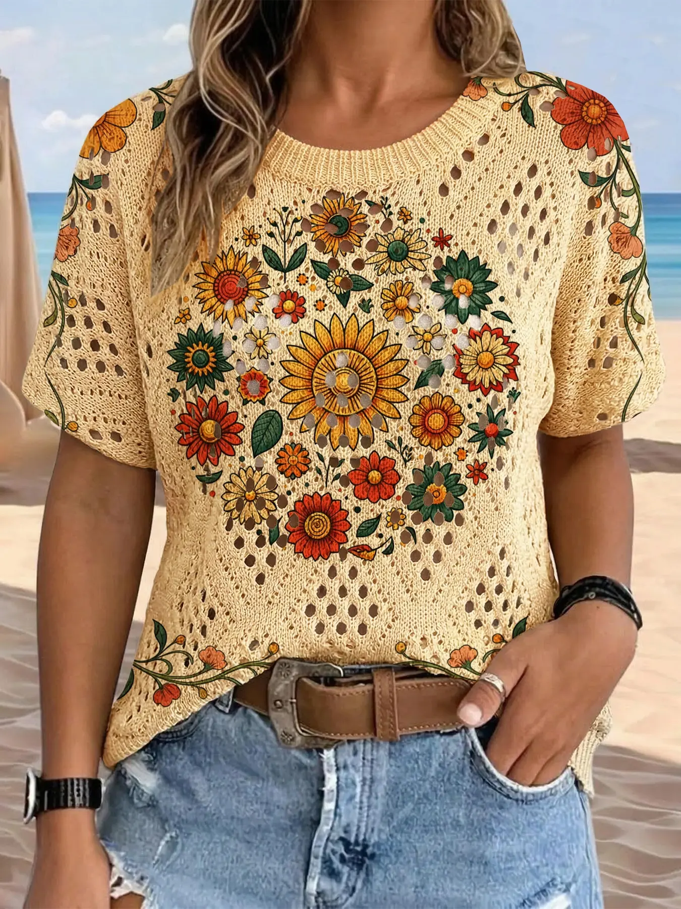 Women's Bohemian Sunflower Floral Print Round Neck Sweater, Fall Winter Casual Batwing Short Sleeve Knitwear, Comfortable Warm Clothing