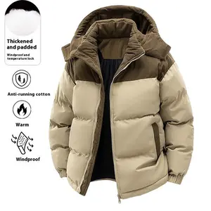 Menswear Warm Windproof Long-Sleeve Winter Jacket - Fleece-Lined, Quilted Colorblock Cotton-Padded, Detachable Hood, Casual Men's Coat Top