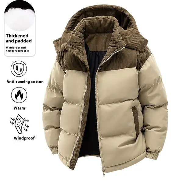 Men's Stylish Long Sleeve Warm Windproof Fleece-Lined Quilted Colorblock Cotton-Padded Jacket - Detachable Hood, Plain Design, Casual Coat with Cap, Hoodie Alternative