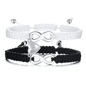 Love Heart Magnetic Couple Bracelets Simple Versatile Black and White Rope Stainless Steel Cross Bracelet