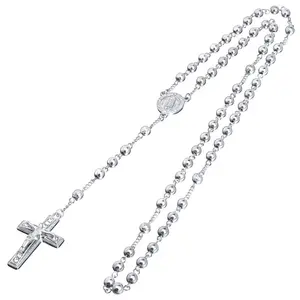 Fashion Silver Bead Guadalupe & Jesus Cross 28" Rosary Necklace Solid Brass High-Polished Silver Finish 6mm Beads All Occasions