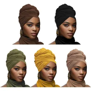 5PS Stretch   Wraps for Five-color set Women - Long Jersey Turban Headwraps,  Scarf, Headbands (Black, brown, brown, green, yellow)