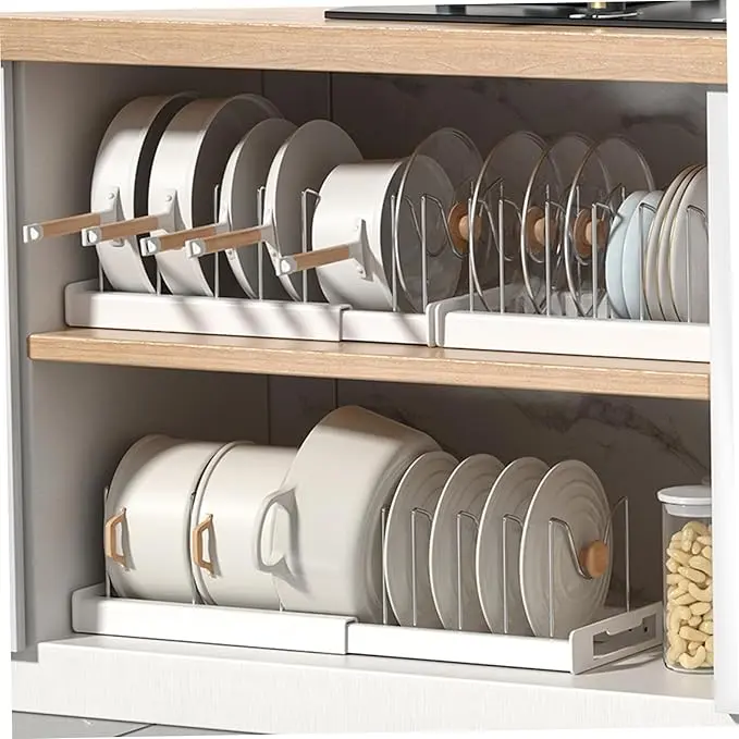 Expandable Pots and Pans Organizer for Cabinet, Adjustable Pan & Lid Rack for Kitchen Storage, Space Saving Cookware Holder, Viral Kitchen Organization Must Have for Small Kitchens & Apartments