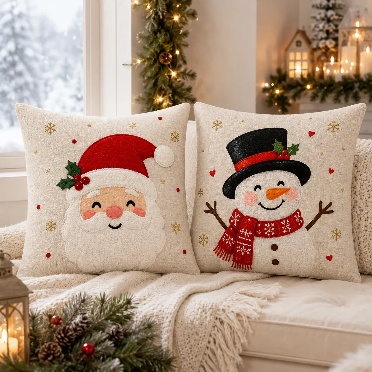 Santa and Reindeer Christmas Pillow Covers Set of 2, Cute Holiday Throw Pillow Cases for Sofa Bedroom Decor