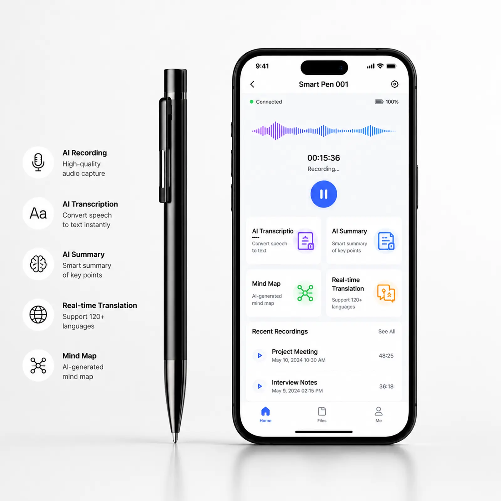 AI Voice Recorder Pen, 32GB Smart Audio Recorder with Lifetime Free GPT Transcription & Summaries, Dual-MIC AI Noise Reduction, Real Writing Pen App Control for Meetings, Study & Lectures