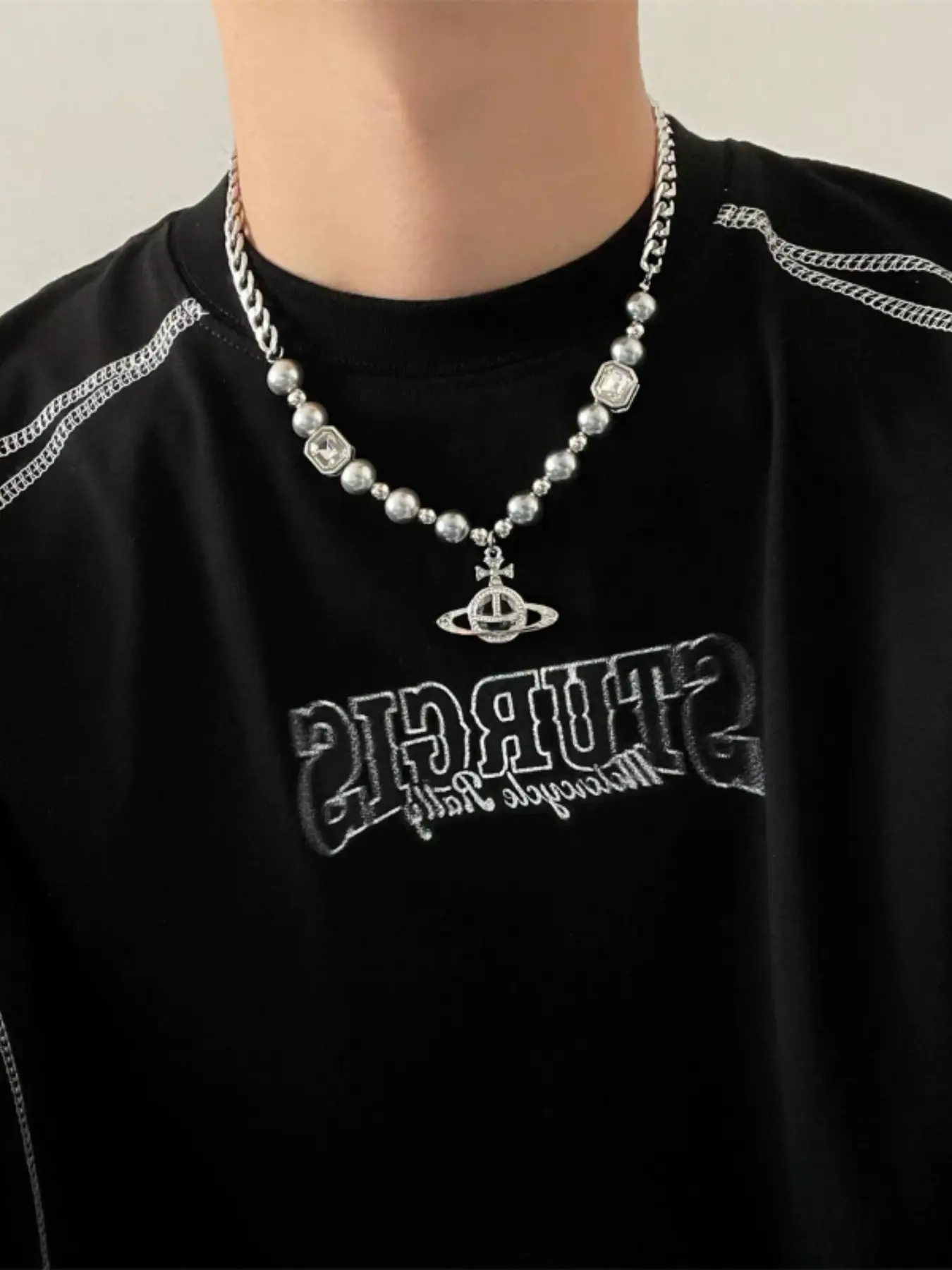 Fashion Saturn Pearl Pendant Necklace, Fashion Accessory Necklace, Unisex Hip Hop Style Cuban Link Chain, Casual Geometric Design, All Seasons Jewelry Gift