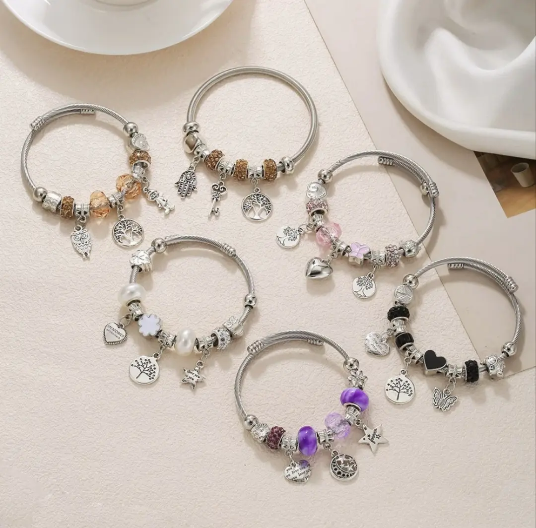 Women’s Adjustable Size Beaded Bangle Bracelet - Crystal Charms, Heart/Butterfly/Star Pendants, Elegant Look Costume Jewelry for Everyday Wear Gift