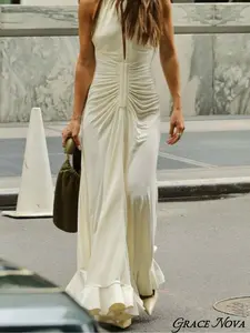 2026 Elegant Halter Neck Backless Sleeveless Ruched Dress, Plain Design, Fitted Style, Ideal for Cross-Border Trade, Perfect for Daily Wear & Special Occasions