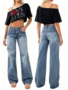Retro blue wide leg jeans for women, American style, slimming, loose, hanging, floor length pants  black gyrl magic