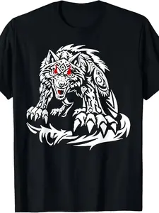 Men'S Jacob Fatu Wolf Graphic T-Shirt Black with White & Red Geometric Wolf Design Breathable Crew Neck Regular Fit Short Sleeve Slight Stretch All-Season Casual Shirt Wrestling-Themed Plus Size