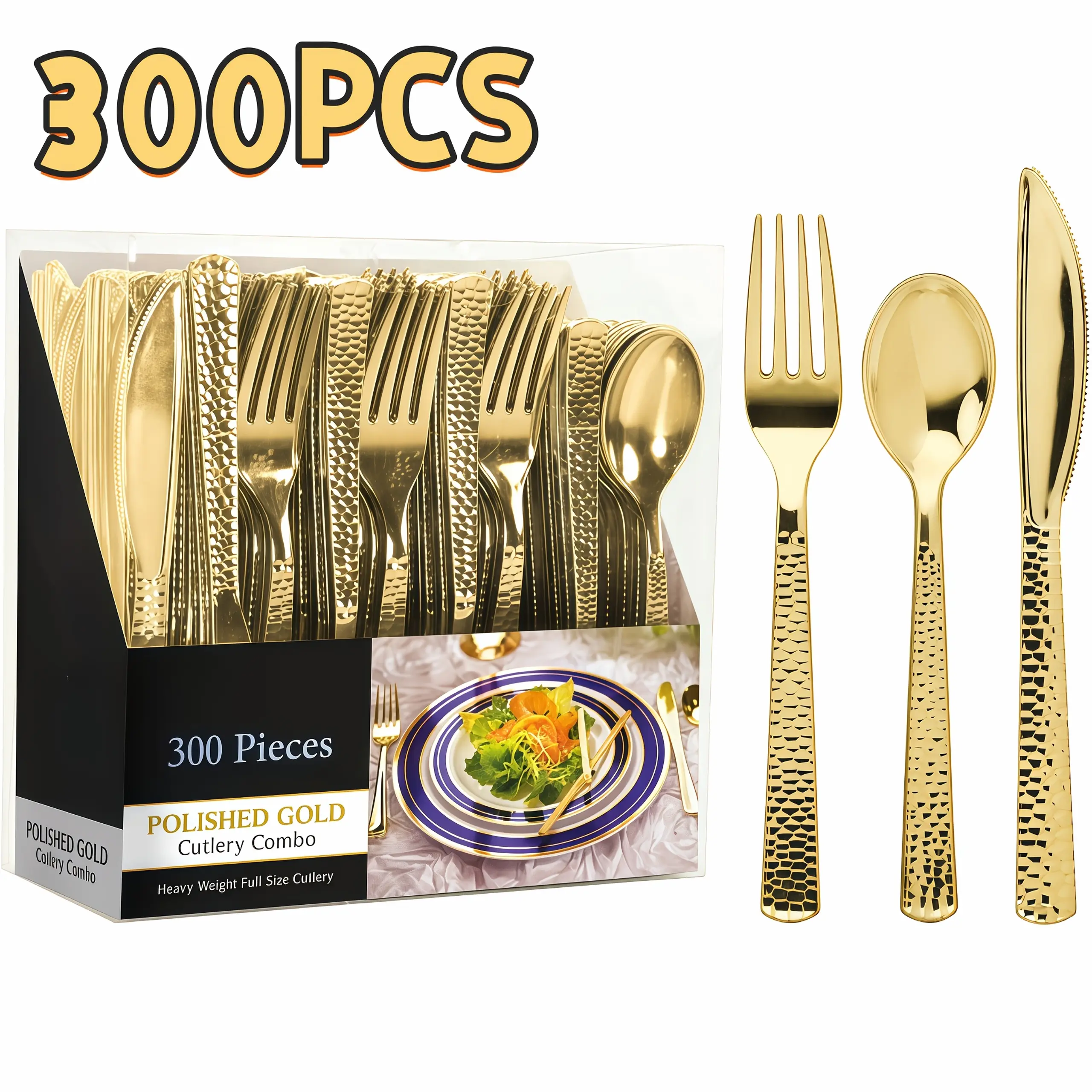 300pcs Hammered Golden Plastic Cutlery Set, Heavy Duty Disposable Forks Spoons Knives, Polished Golden Silverware Bulk for Wedding Birthday Party Thanksgiving Dinner