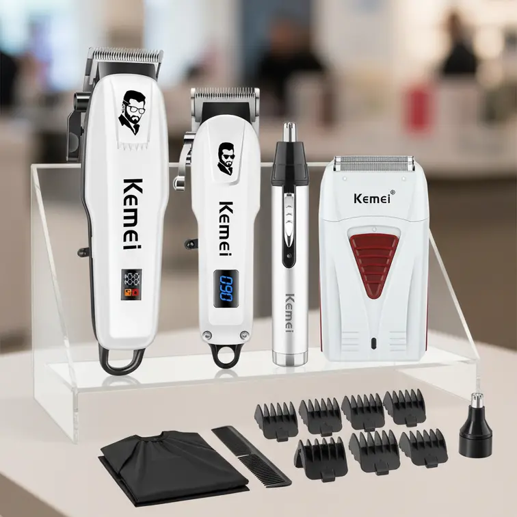 KEMEI 4-Piece Personal Grooming Kit for Men, USB Rechargeable Cordless Set with Adjustable Hair Clipper, Durable Facial Trimmer, and Lightweight Shaver, Abs, Batteries, Usb Port, Small, Face, Dust Cover, Adjustable Blade, Smooth, Home Haircut