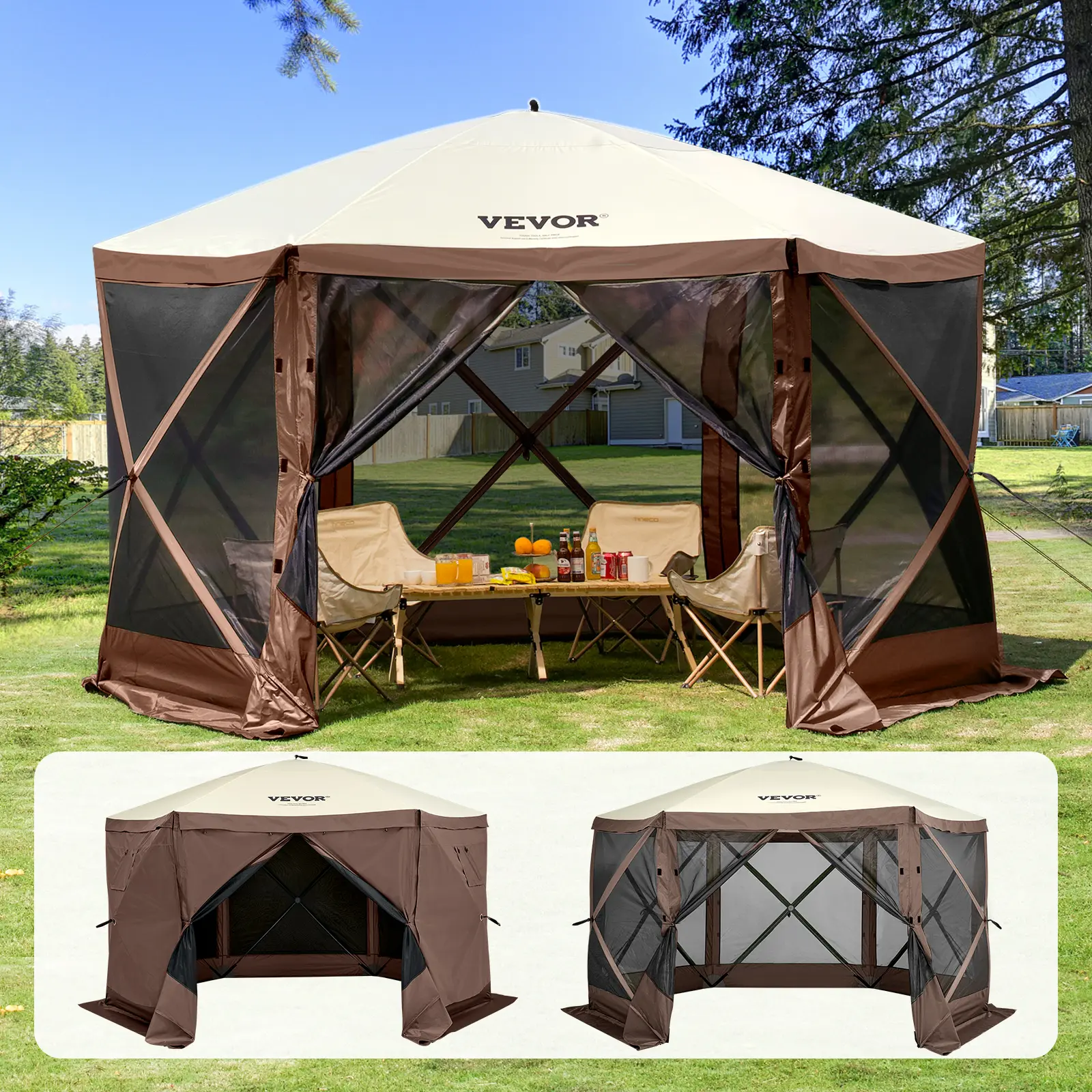 VEVOR Pop Up Gazebo Tent, Pop-Up Screen Tent 6 Sided Canopy Sun Shelter with 6 Removable Privacy Wind Cloths & Mesh Windows, 11.5x11.5FT Quick Set Screen Tent with Mosquito Netting, Brown
