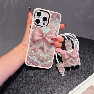 Bow Pattern Phone Case with Charger Head Cover & Cable Protector & Storage Rope, Anti-drop Cellphone Protective Case, Total Protective Shockproof Mobile Phone Cover for iPhone, Casing, Smartphone, Protection