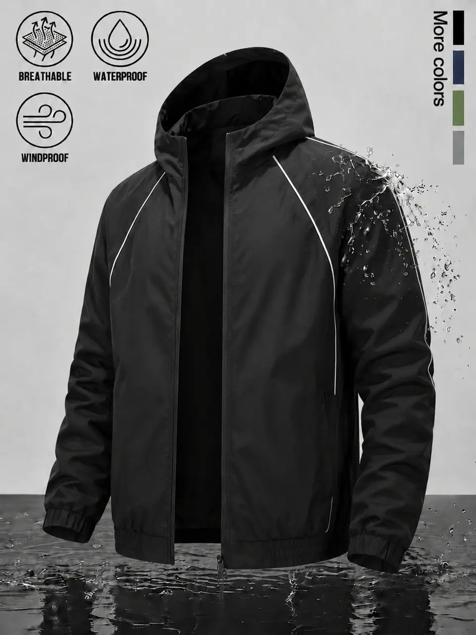 Men Multi‑Purpose Hooded Windbreaker, Windproof Water‑Repellent Breathable Outer Shell, Contrast Piping Accent, Zip‑Up Hood Design for Running, Hiking and Daily Layering