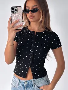 Women's Fashion Y2K Tight Fit T-Shirt, High Stretch Ribbed Full Button Front Design, Comfortable Versatile Casual Polka Dot Short Sleeve Top, Womenswear