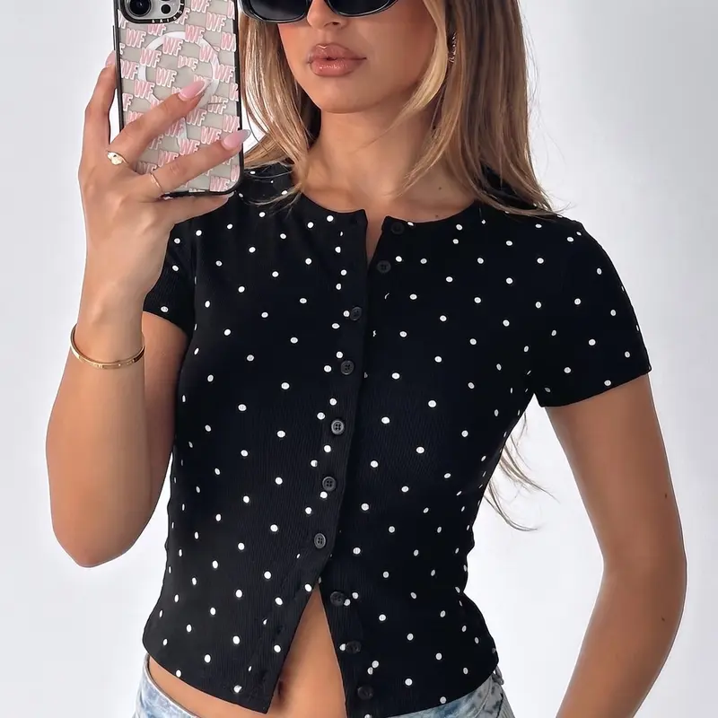 Women's Fashion Y2K Tight Fit T-Shirt, High Stretch Ribbed Full Button Front Design, Comfortable Versatile Casual Polka Dot Short Sleeve Button Closure Top, Womenswear