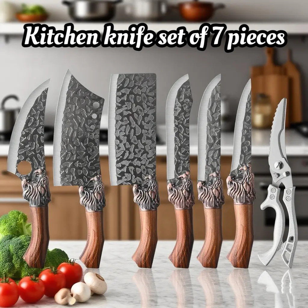 Kitchen Knife Set -7 pieces of high carbon stainless steel blades, ergonomic handle, sharp kitchen knives, meat cutters, bone cutting knives, and precision powerful scissors, making it the perfect kitchen cooking gift for boys and girls
