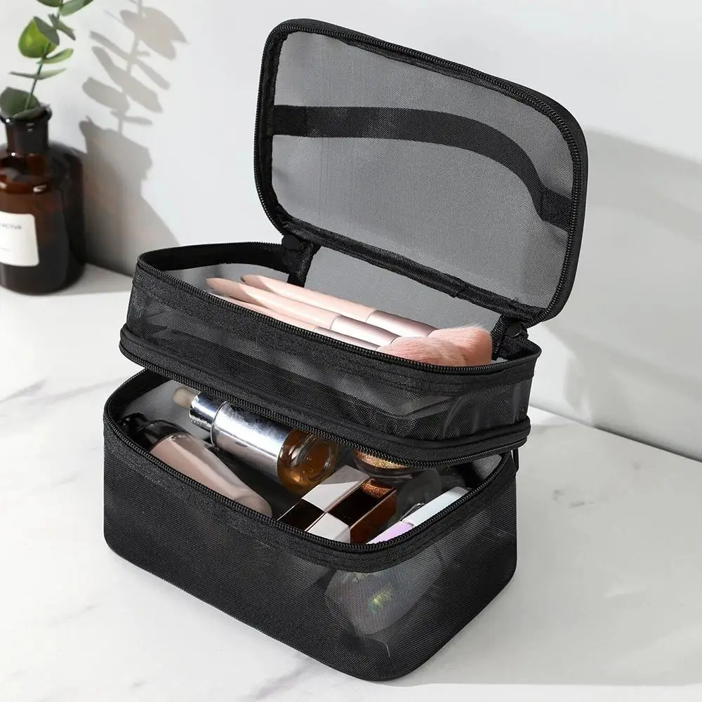 Double Layer Mesh Makeup Bag, Large Capacity Mesh Cosmetic Bag, Portable Travel Storage Makeup Pouch Toiletry Bag, Summer Makeup, Gift for Women