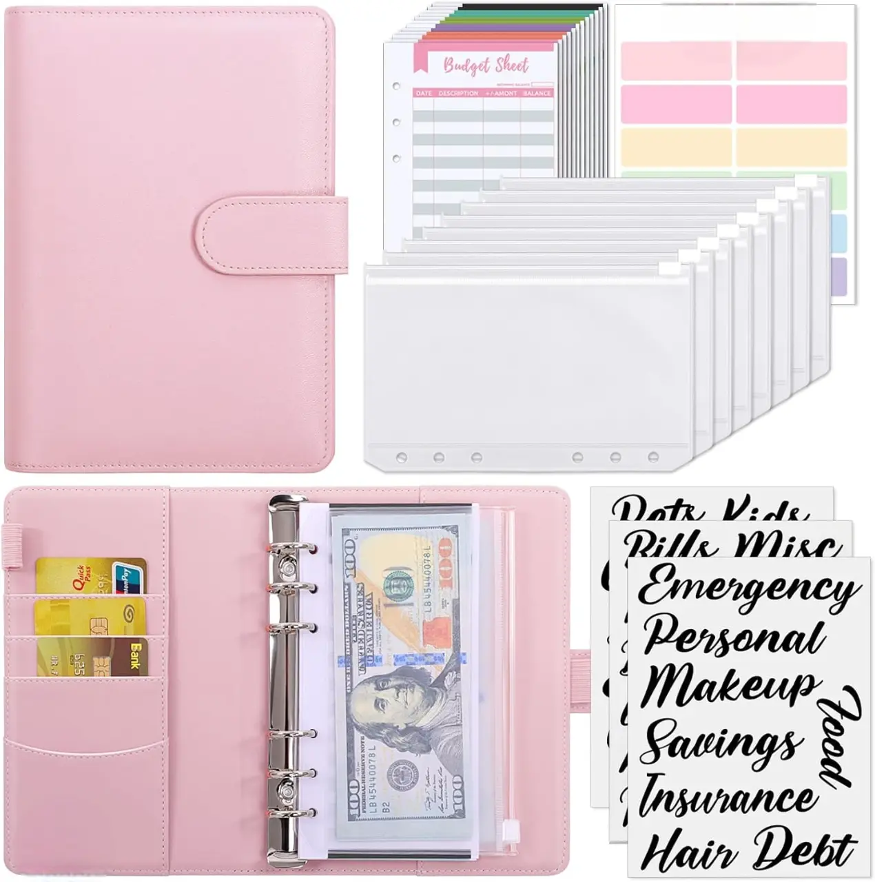 Budget Binder Money Saving with Zipper Envelopes, Cash Envelopes and Expense Budgeting Sheets