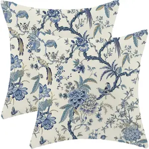 Spring Floral Birds Pillow Set of 2 for Chinoiserie Flowers Decor Throw Pillows Blue and White Plant Outdoor Decorative Cushion Cases for Couch Bed Decorations