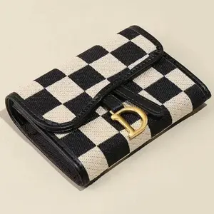 Women's Fashion Chessboard Pattern Credit Card Holder, Casual Versatile D-Ring Credit Card Case, Trendy Short Wallet for Daily Use, Fashionable Card Holder