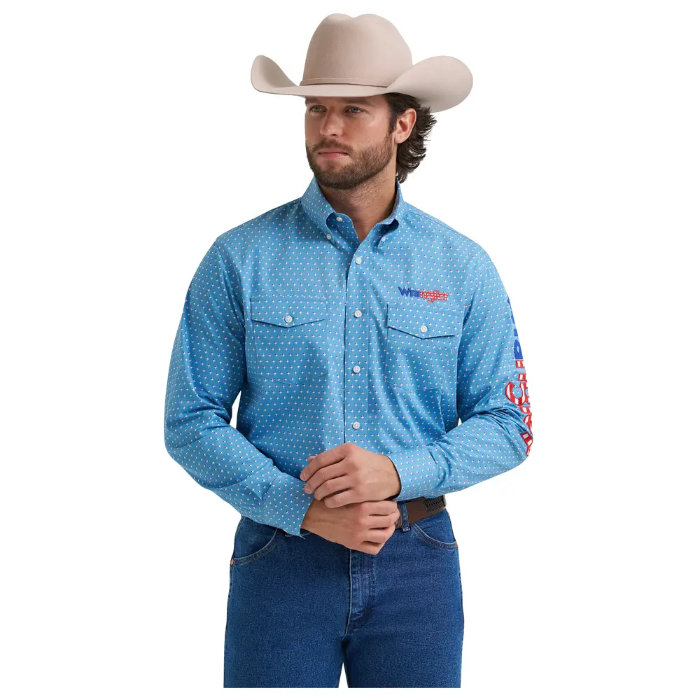 112381985 Wrangler Men's Long Sleeve Logo Button Down Western Shirt - Blue