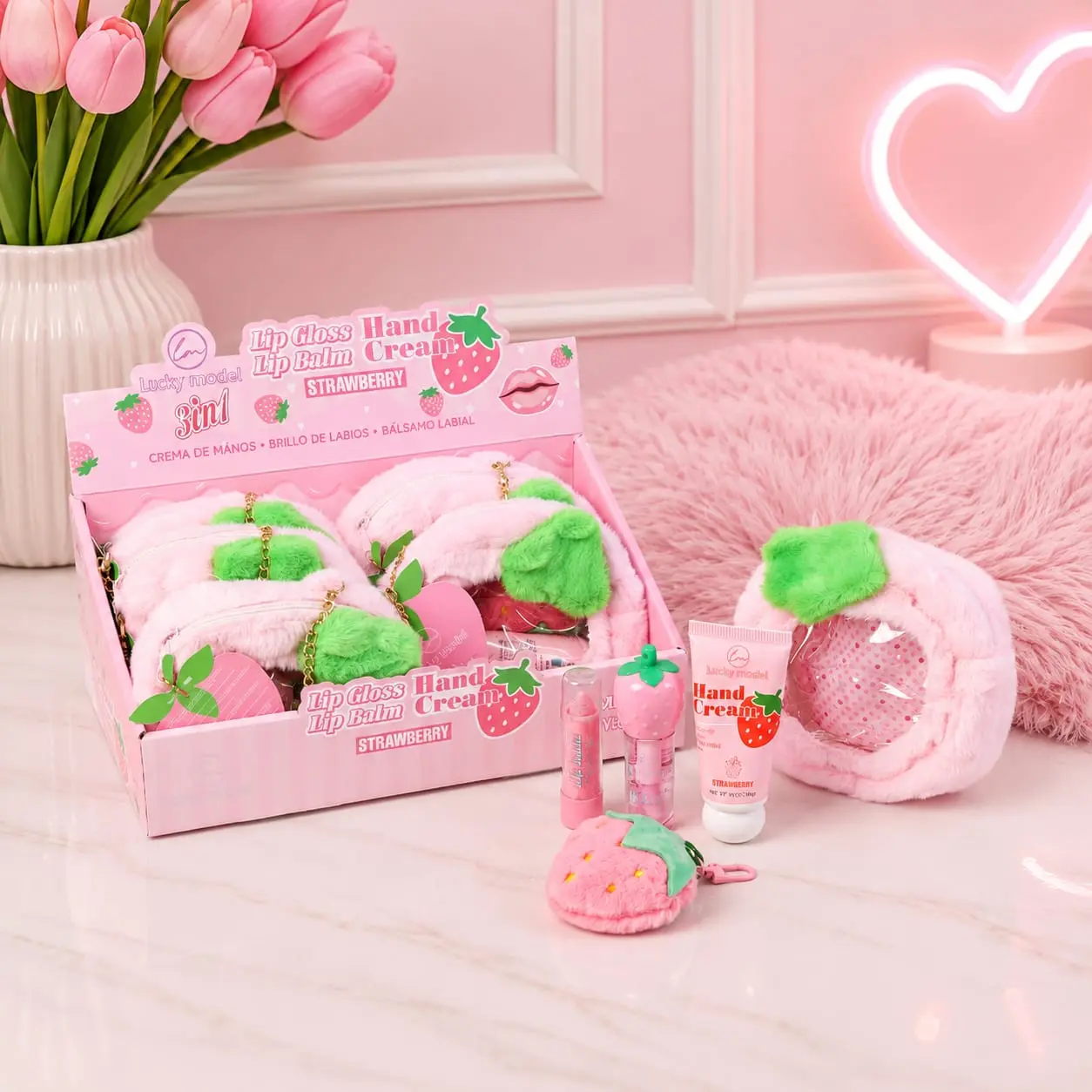 Hand cream, lip gloss, and balm set includes its little purse