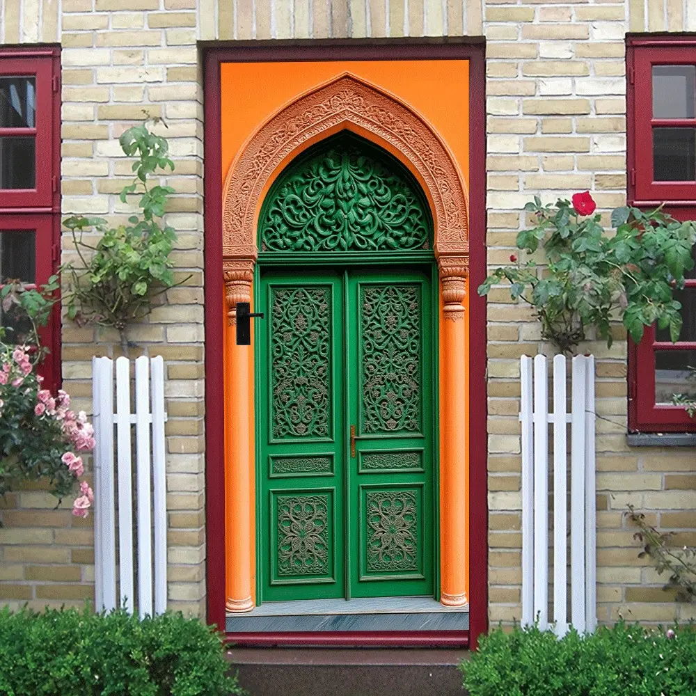 2pcs   Moroccan Style Vintage Carved Door Wall Sticker Islamic Art Pattern Green Decorative Self Adhesive Removable Waterproof Sticker for Living Room Bedroom Decoration  Collage Self-Adhesive Door St