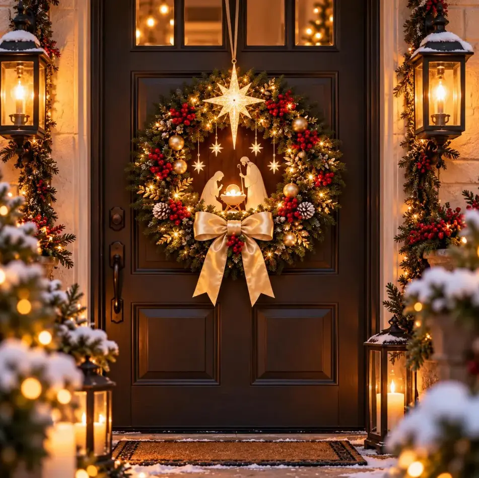Pre-Lit Christmas Nativity Wreath with Warm LED Lights, Holy Family Xmas Wreath with Bethlehem Star & Gold Bow, Artificial Pine Berry Wreath for Front Door Home Wall Outdoor Holiday Decor 2026 New Christmas Gifts Essentials