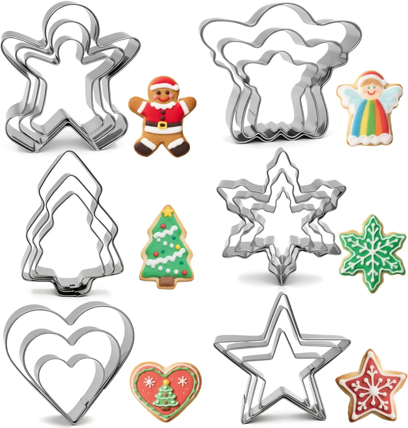 Christmas Cookie Cutters Set, 18 Pieces 6 Shapes | Metal Gingerbread Man, Christmas Tree, Snowflake, Angel, Heart, Star Molds for Winter Holiday Baking Food Party Decor