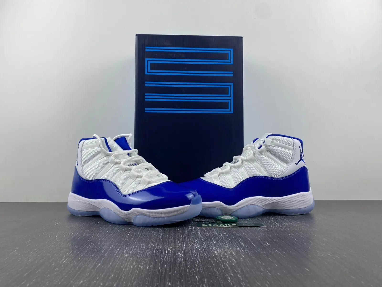 Unisex Full Size Range White Blue Patent Leather High Top Retro Basketball Shoes Brand New Sealed With Original Shoe Box, Durable Classic Footwear For Couple Matching & Holiday Vacation Casual Looks