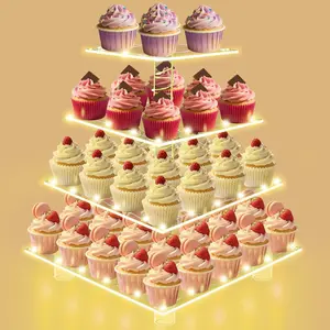 Cupcake Stand with Lights, 4 Tier  Cupcake Tower with Yellow LED String Lights, Clear Cupcake Display Stand for Wedding, Shower, Birthday