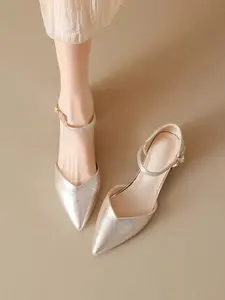 Summer New Champagne Gold Chunky Heel Sandals, Women's Pointed Toe Hollow Out Slip-On Commuter Shoes, Stylish and Comfortable
