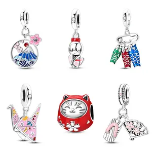 MULA Japanese-style bracelet set, featuring S925 sterling silver enamel pendant beads, Mount Fuji, kimono doll, lucky cat, crane, and cherry blossom sandal charms. Compatible with Pandora bracelets, it's the perfect gift for girls and women.