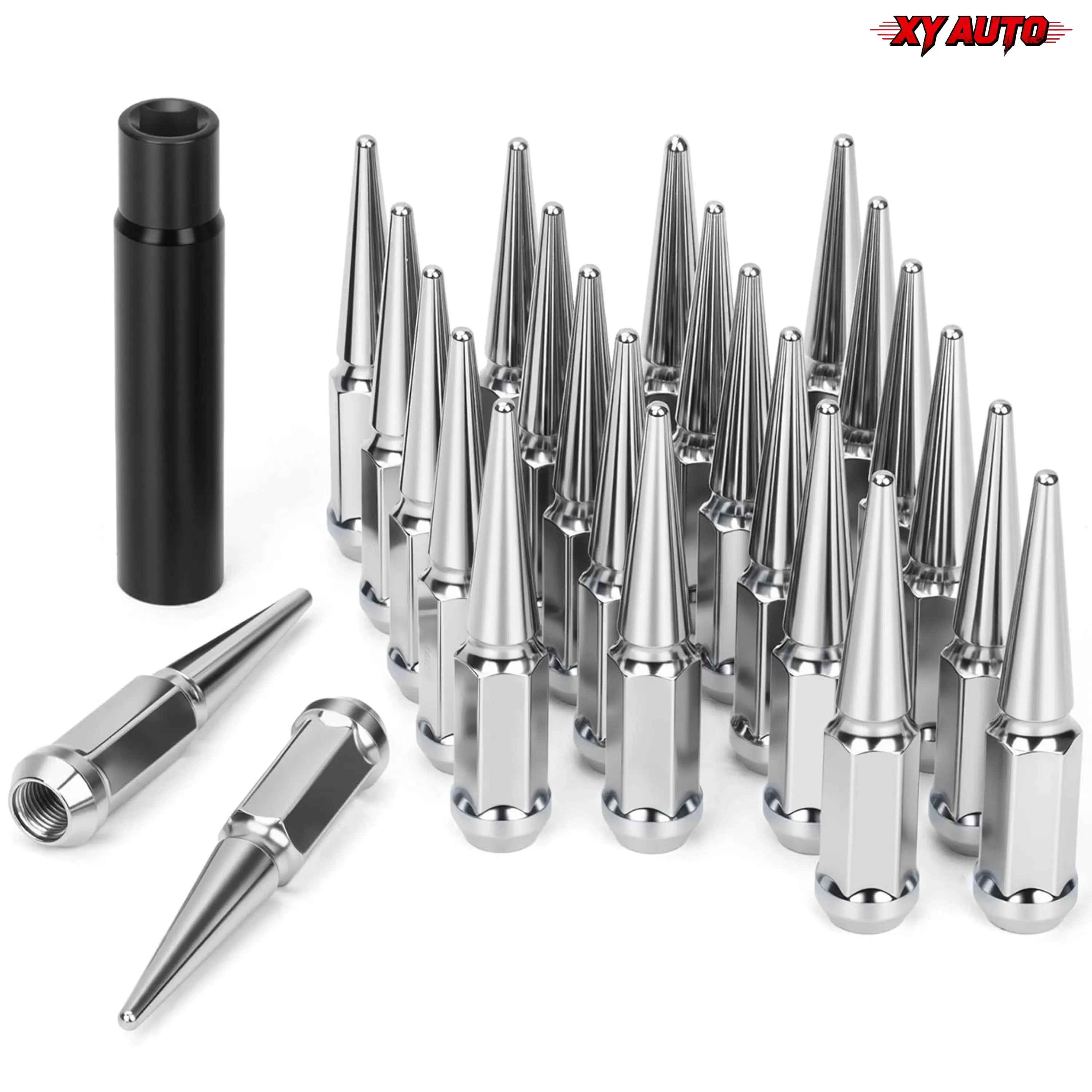 24pcs, m14x1.5 Lug Nuts Wheel Spike, Conical Bulge Seat, Closed End Spiked with 1 Socket Key for Silverado Sierra 1500 Aftermarket Wheel Lug Nuts