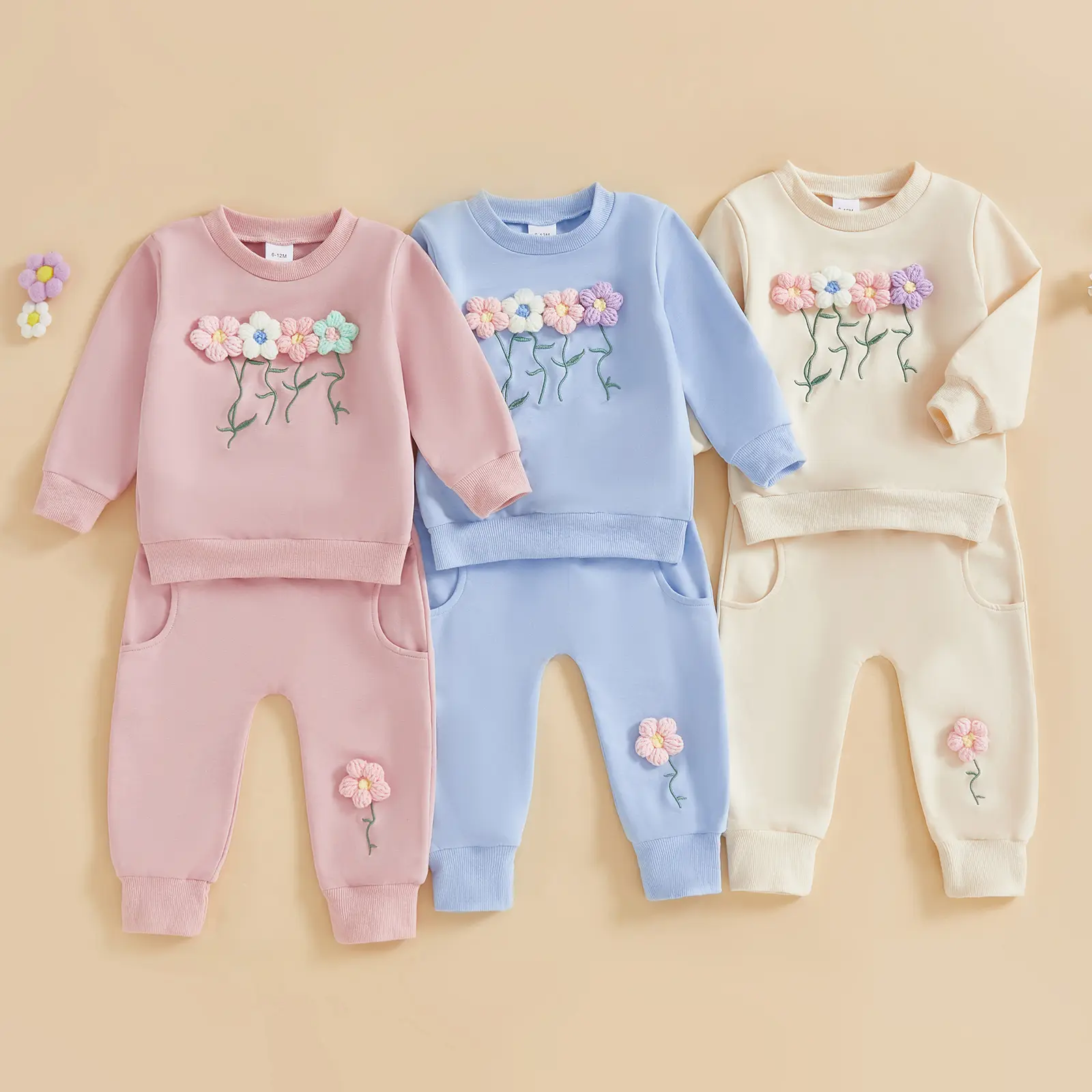 REDWOON Toddler Baby Girl Clothes Cute 3D Floral Infant Long Sleeve Sweathsirt Fall Winter Outfits Kids Pullover Pants Set